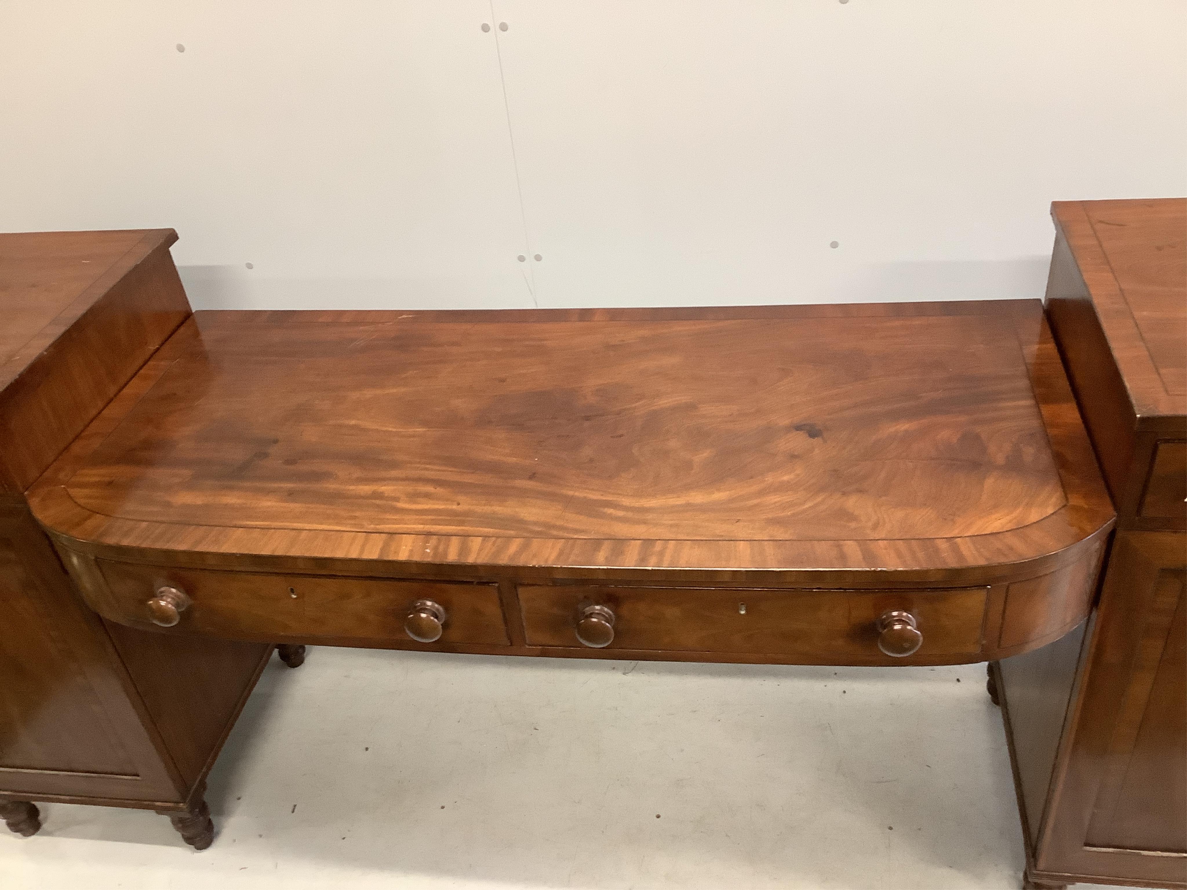 A Regency mahogany pedestal sideboard, width 244cm, depth 72cm, height 106cm. Condition - poor, will not assemble